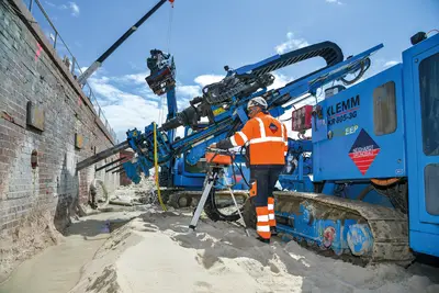 Installation of GEWI piles on the island of Sylt using a KLEMM KR 805-3G to tie back a bank wall